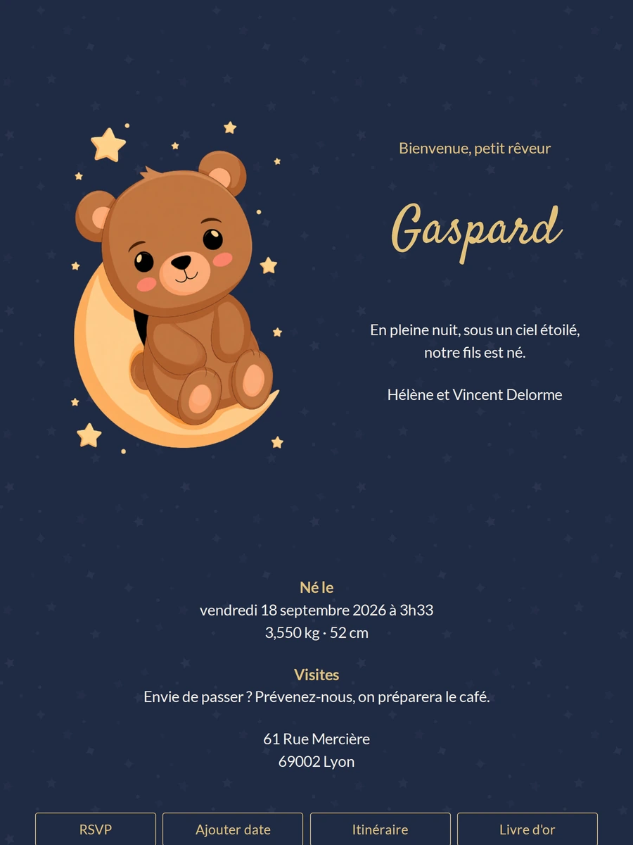 Faire-part rêveur de naissance avec ourson