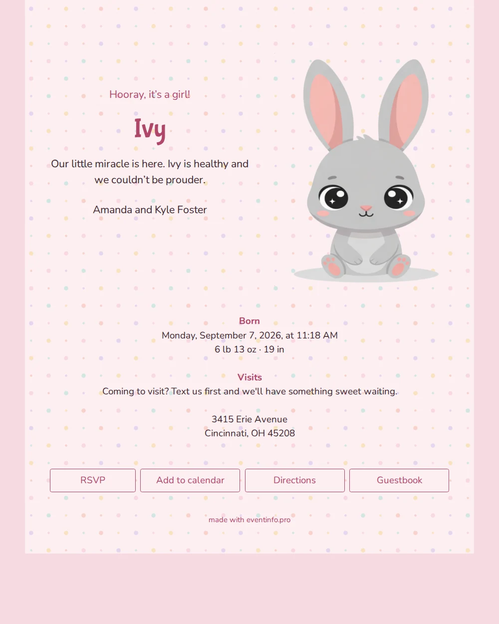 Cheerful pink birth announcement for a girl &ndash; example 1