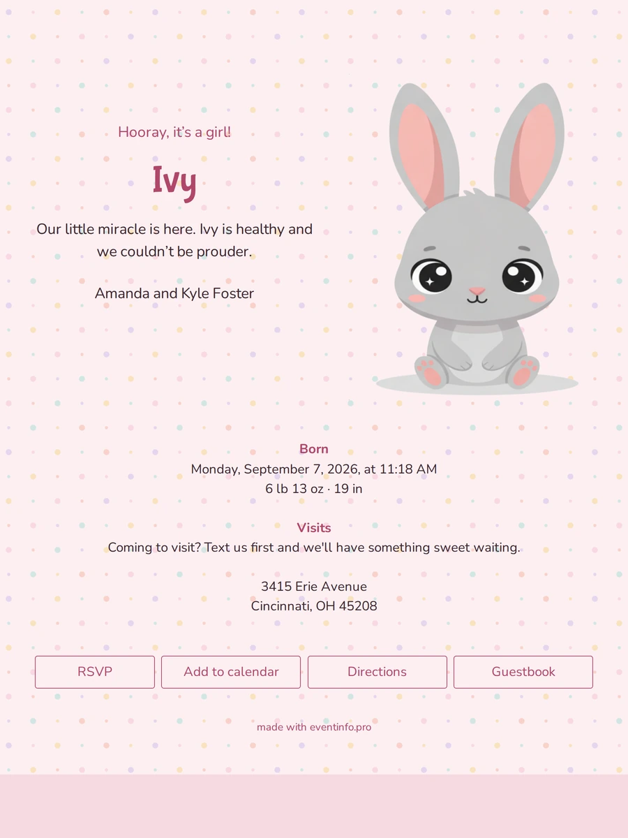 Cheerful pink birth announcement for a girl