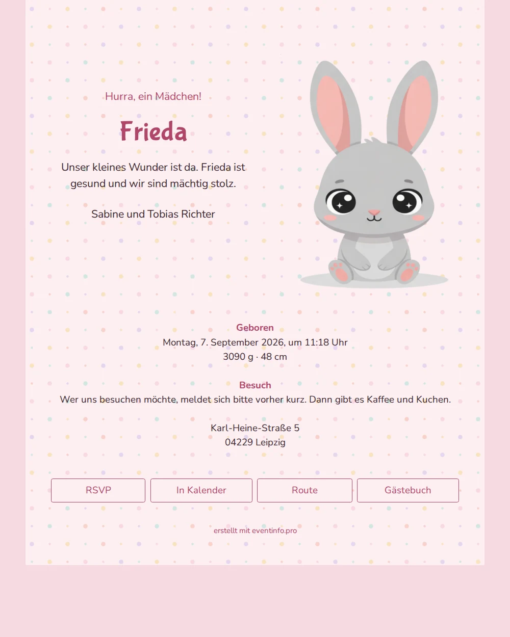 Fröhliche rosa Geburtskarte für ein Mädchen &ndash; example 1