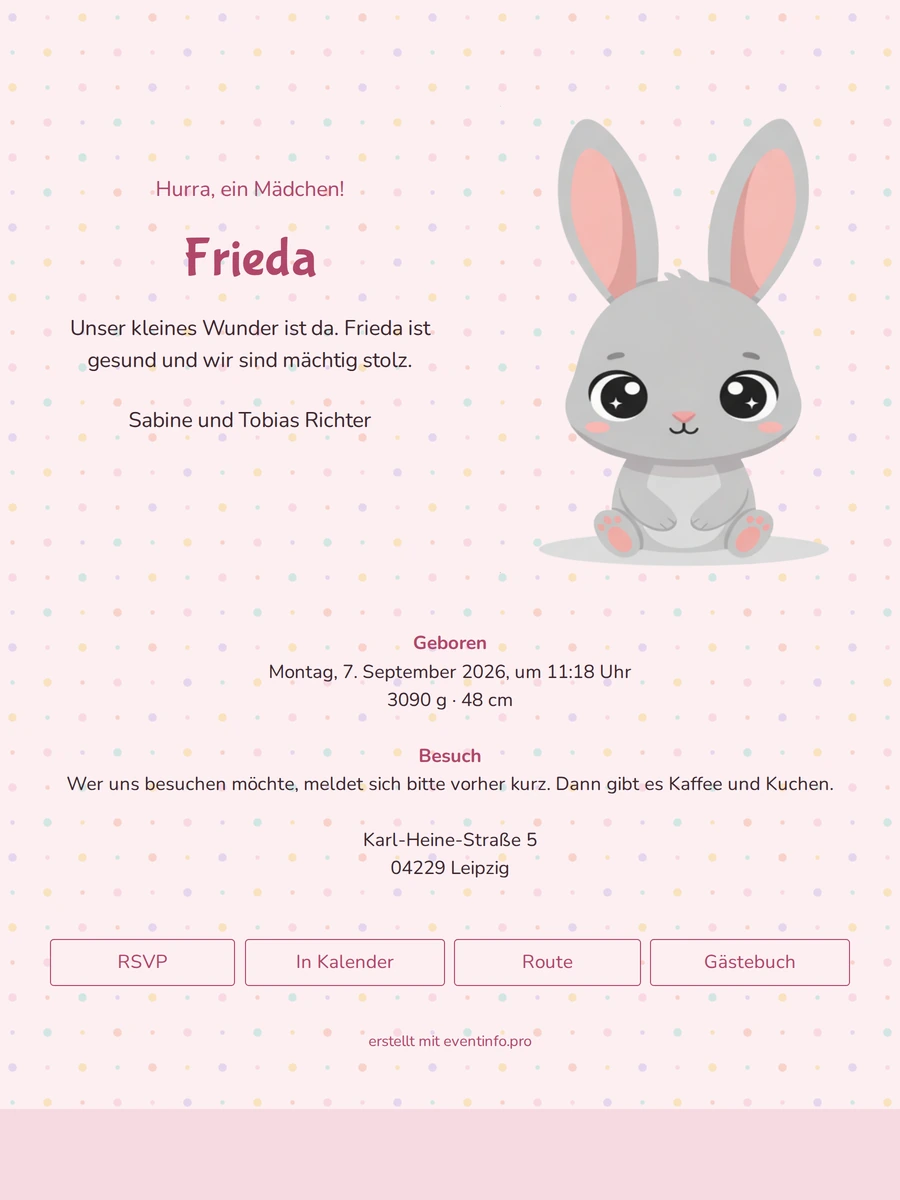 Fröhliche rosa Geburtskarte für ein Mädchen