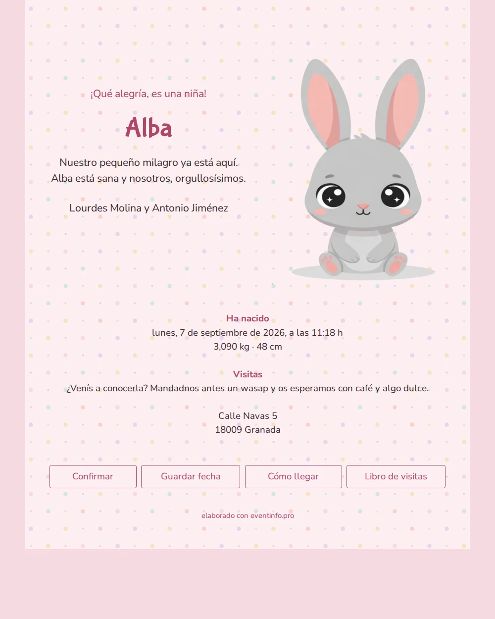 Tarjeta de nacimiento rosa para una niña &ndash; example 1