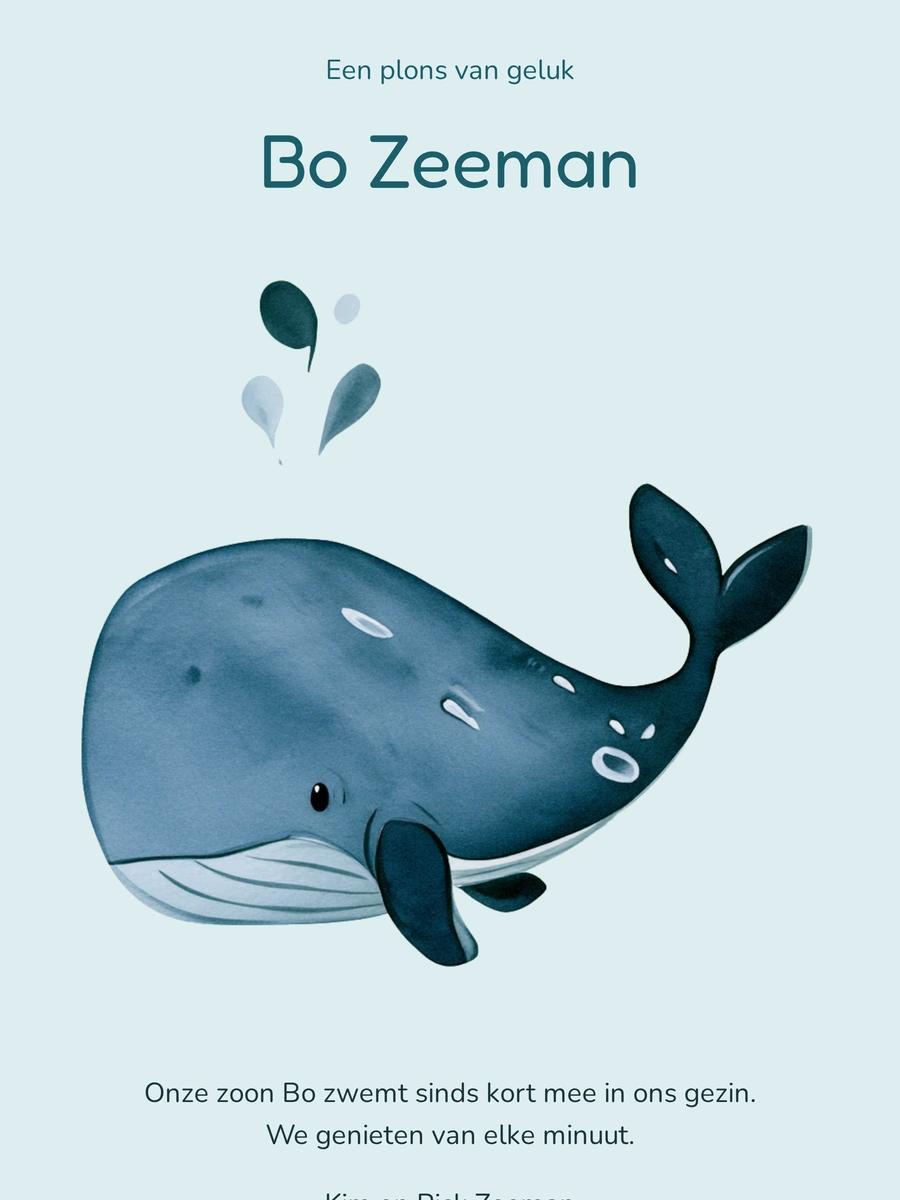 Blauw geboortekaartje met walvis en waterdruppels maken