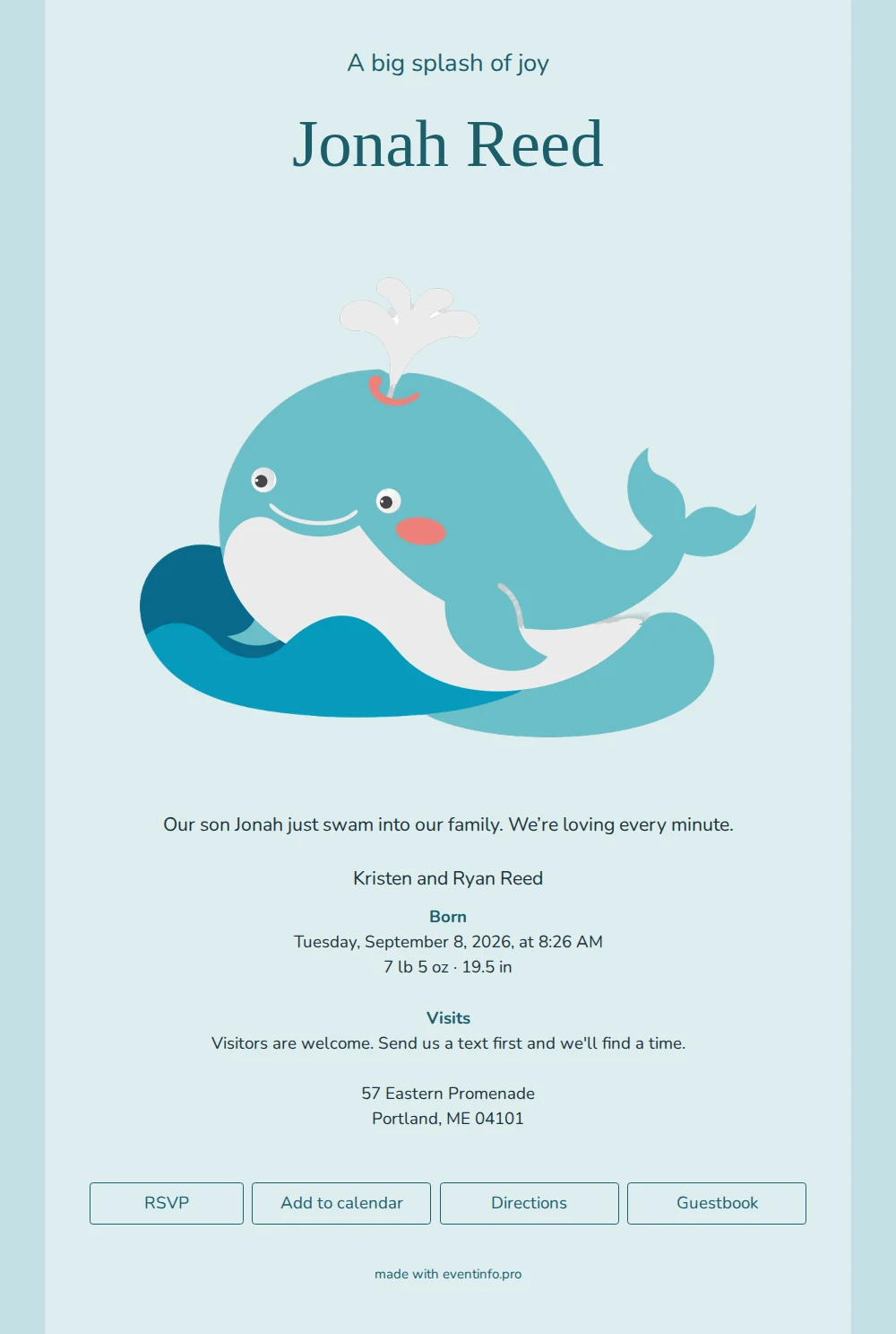 Calm blue birth announcement for a son &ndash; example 1