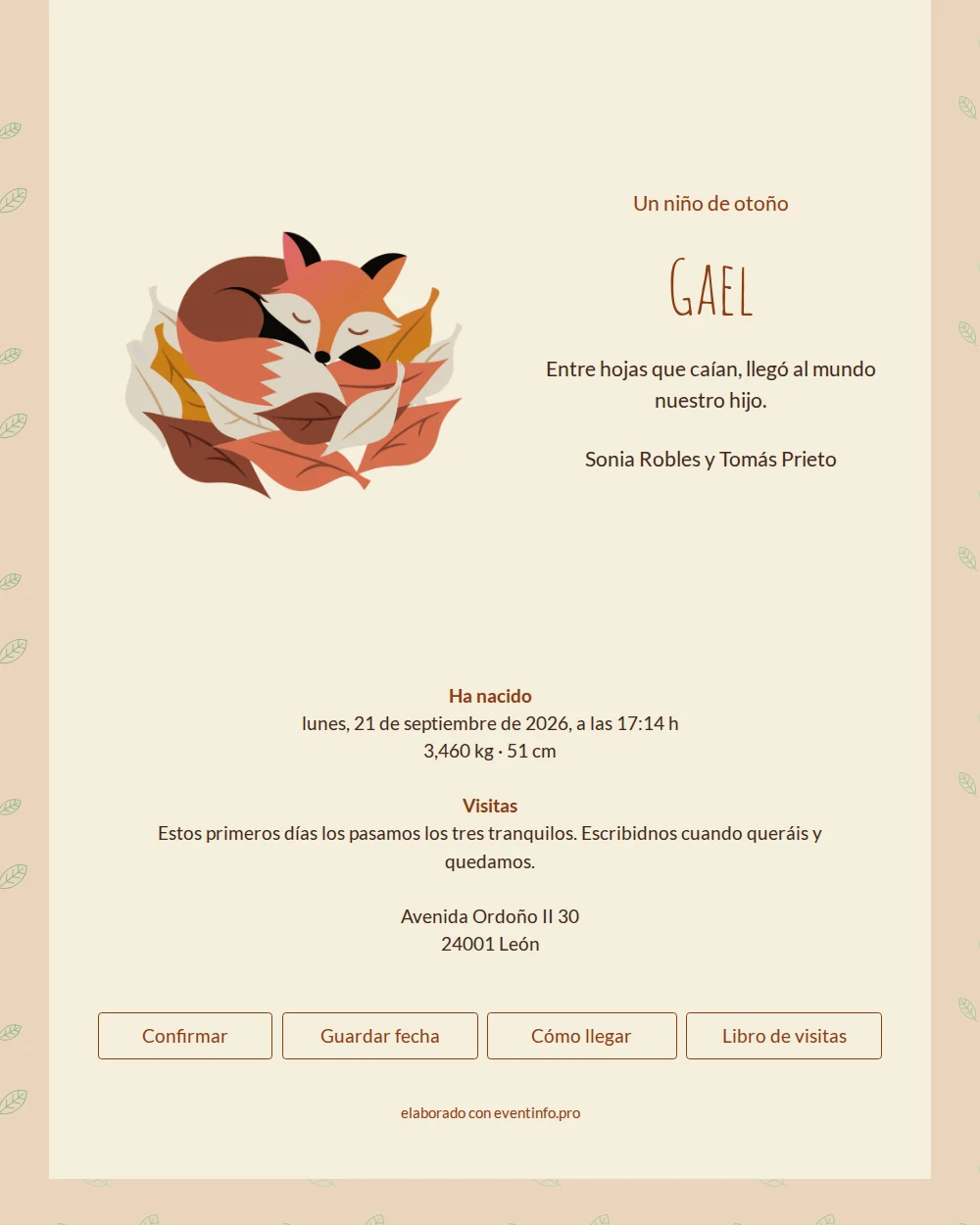Tarjeta de nacimiento otoñal para un niño &ndash; example 1