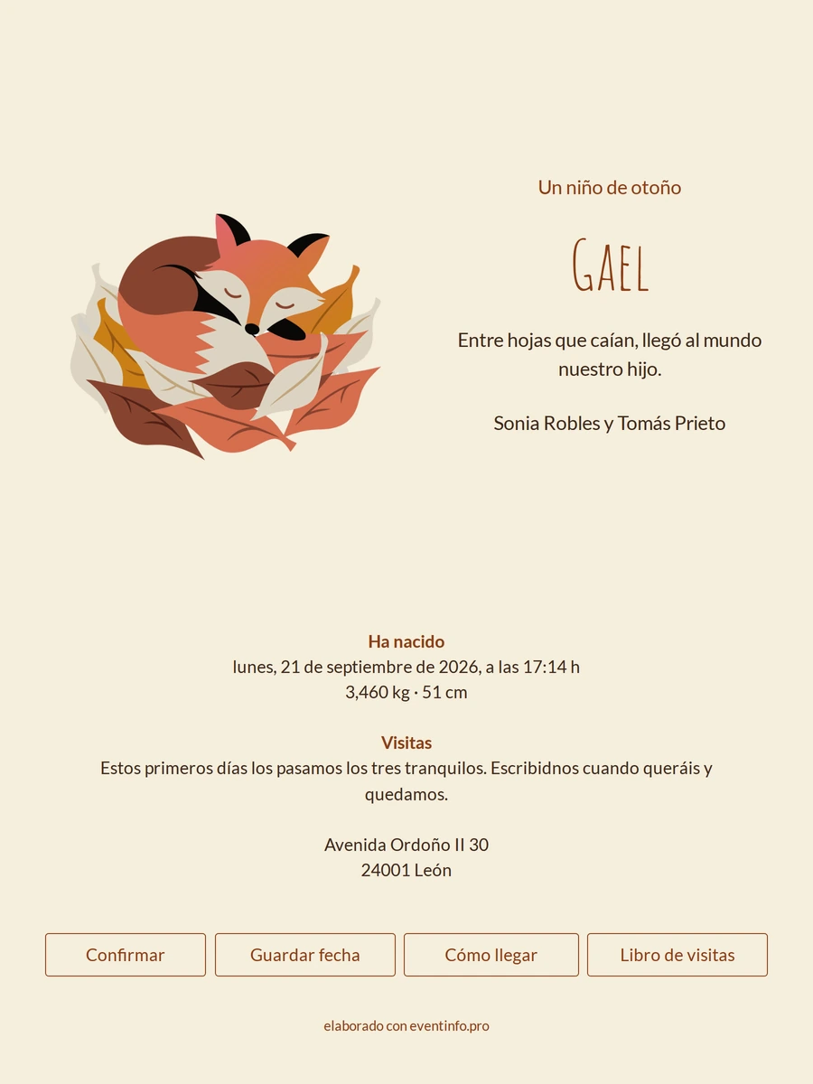 Tarjeta de nacimiento otoñal para un niño