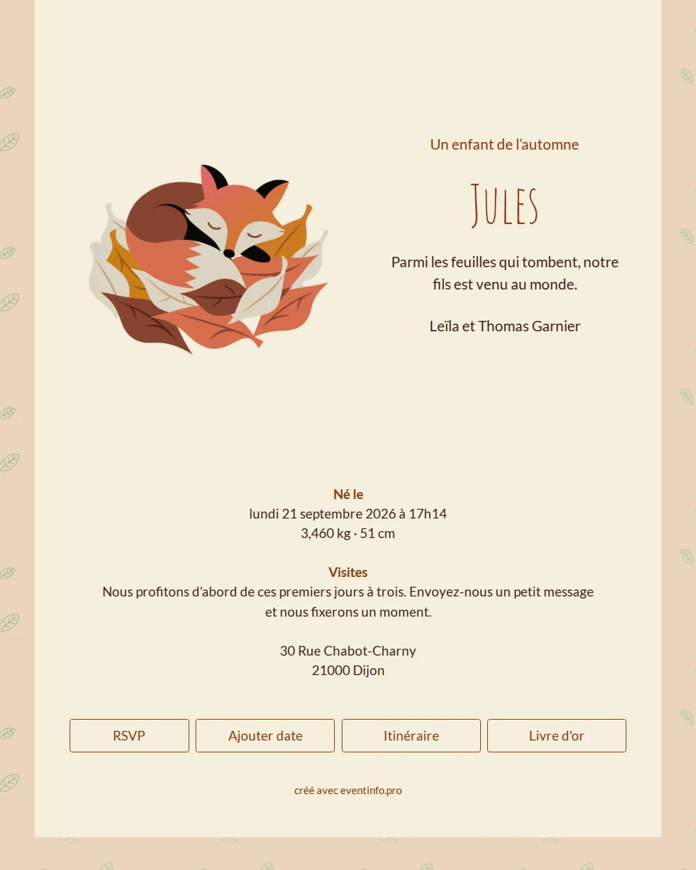 Faire-part de naissance automnal pour un garçon &ndash; example 1