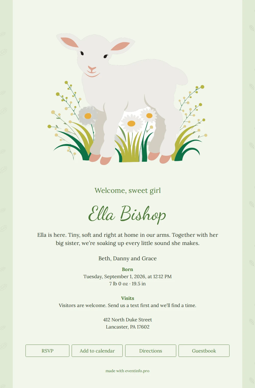 Graceful green birth announcement for a daughter &ndash; example 1