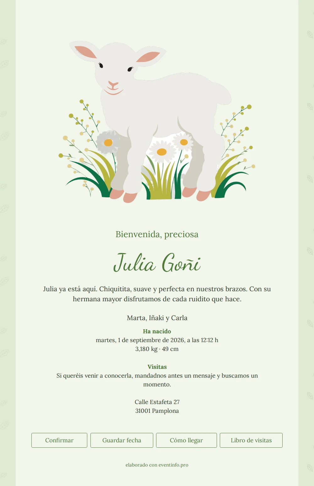 Tarjeta de nacimiento verde para una niña &ndash; example 1