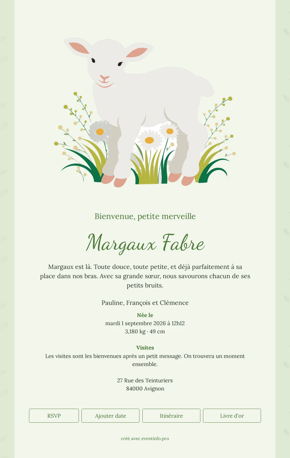 Faire-part de naissance vert pour une fille &ndash; example 1