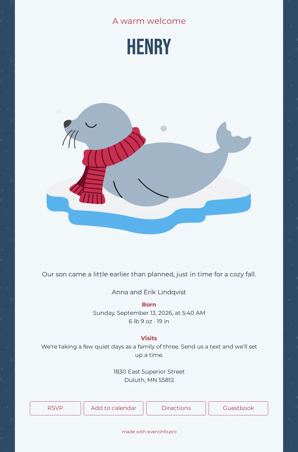 Birth card with red scarf and soft dots &ndash; example 1