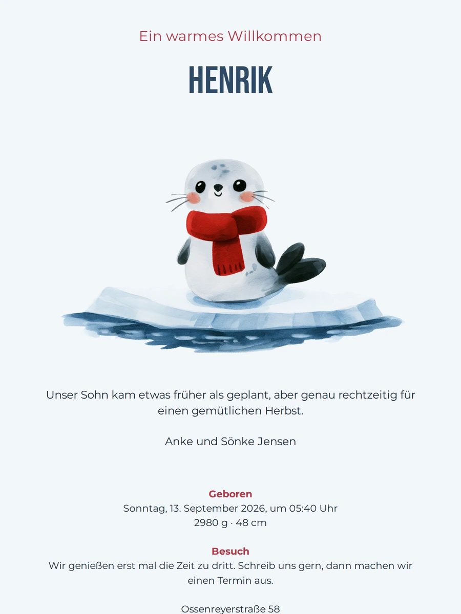 Geburtsanzeige mit rotem Schal und Punkten
