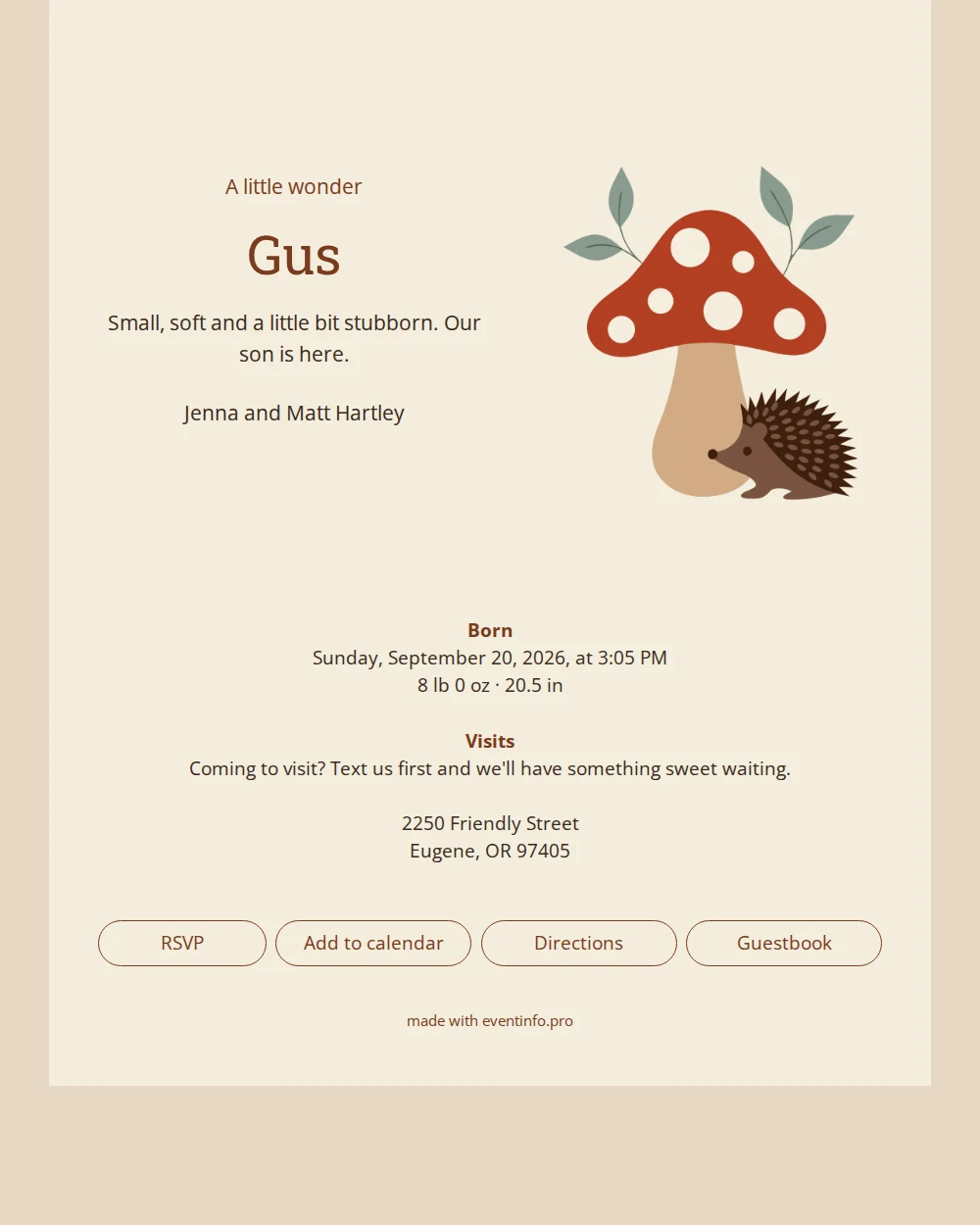 Birth announcement with a spotted red mushroom &ndash; example 1