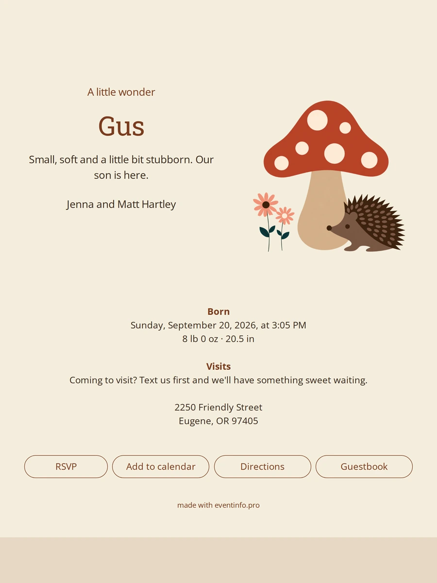Birth announcement with a spotted red mushroom