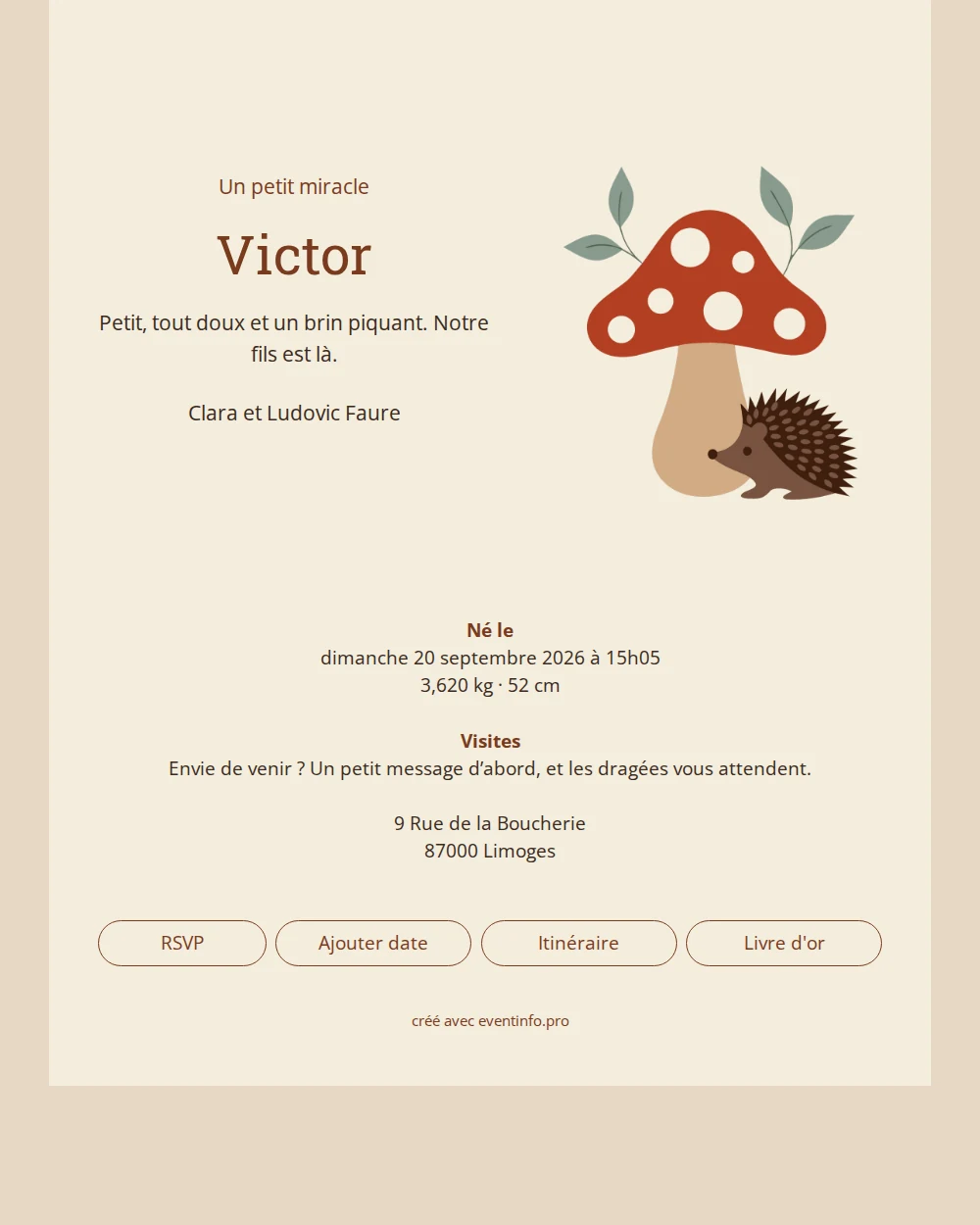 Faire-part de naissance avec un champignon à pois &ndash; example 1