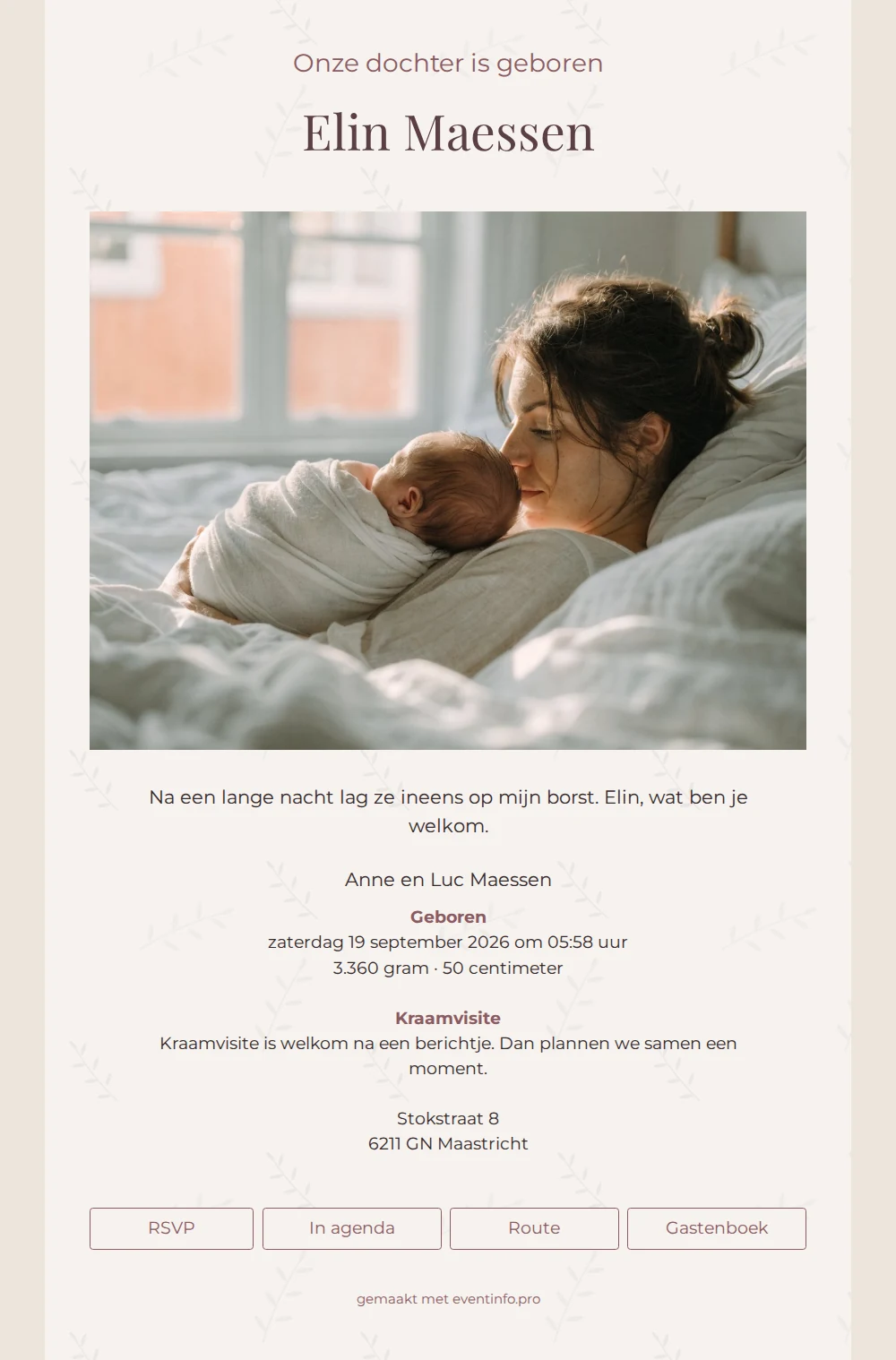 Geboortekaartje met olijftakjes voor een dochter &ndash; example 1