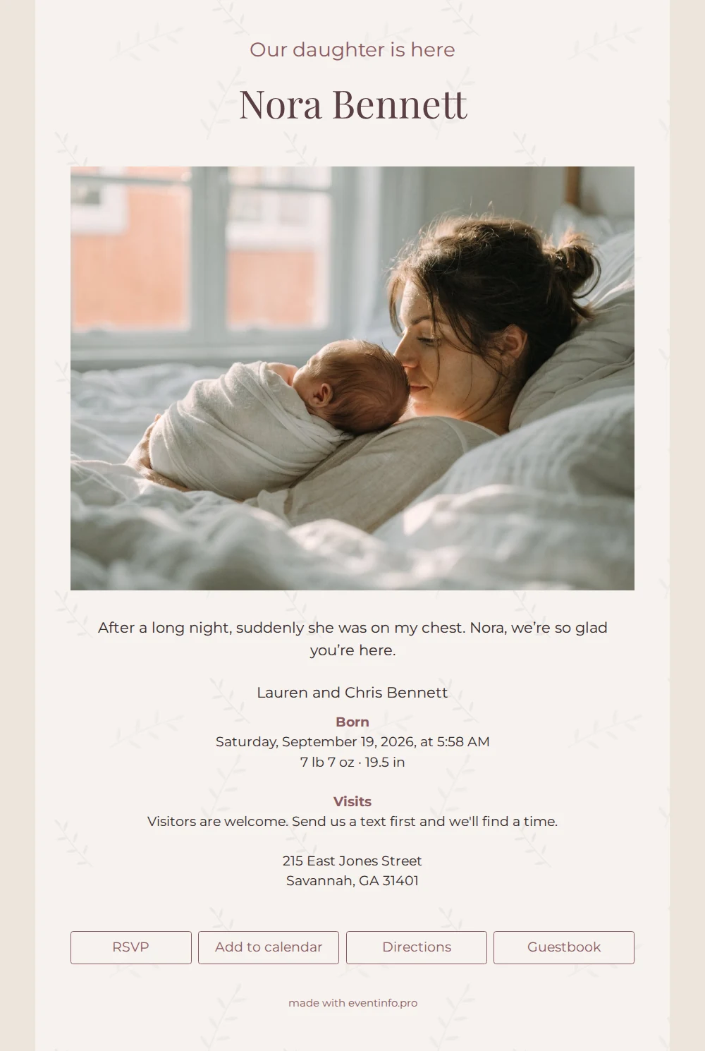 Birth announcement with olive branch border &ndash; example 1