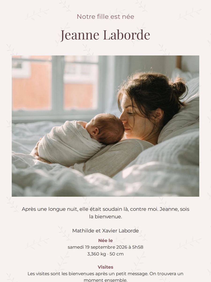Faire-part de naissance avec rameaux d’olivier