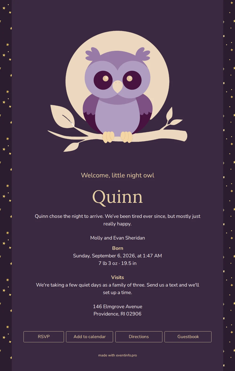 Elegant birth announcement with moon and branch &ndash; example 1