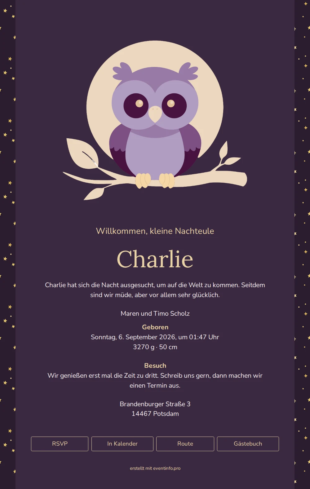 Elegante Geburtskarte mit Mond und Ast &ndash; example 1