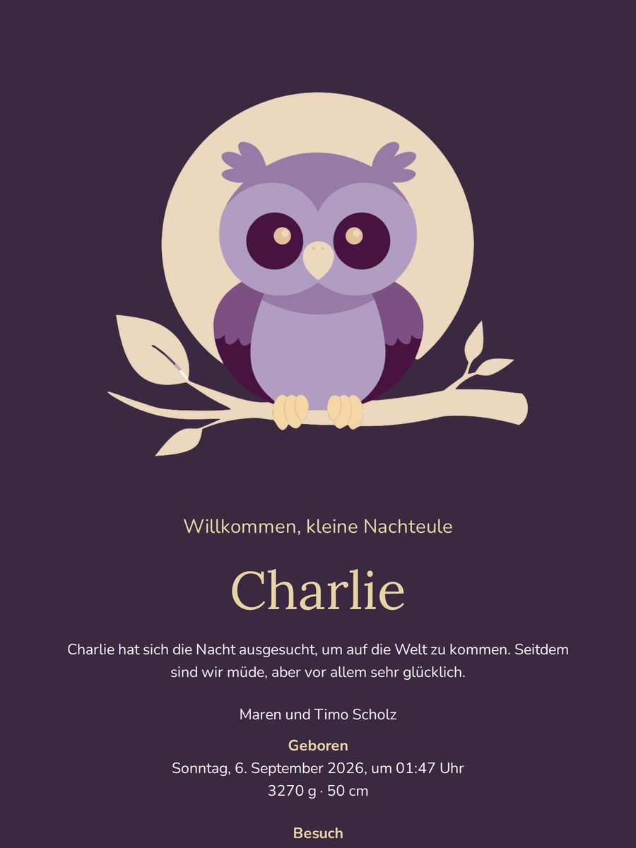 Elegante Geburtskarte mit Mond und Ast