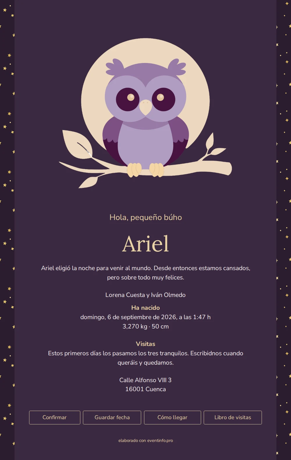 Elegante tarjeta de nacimiento con luna y rama &ndash; example 1