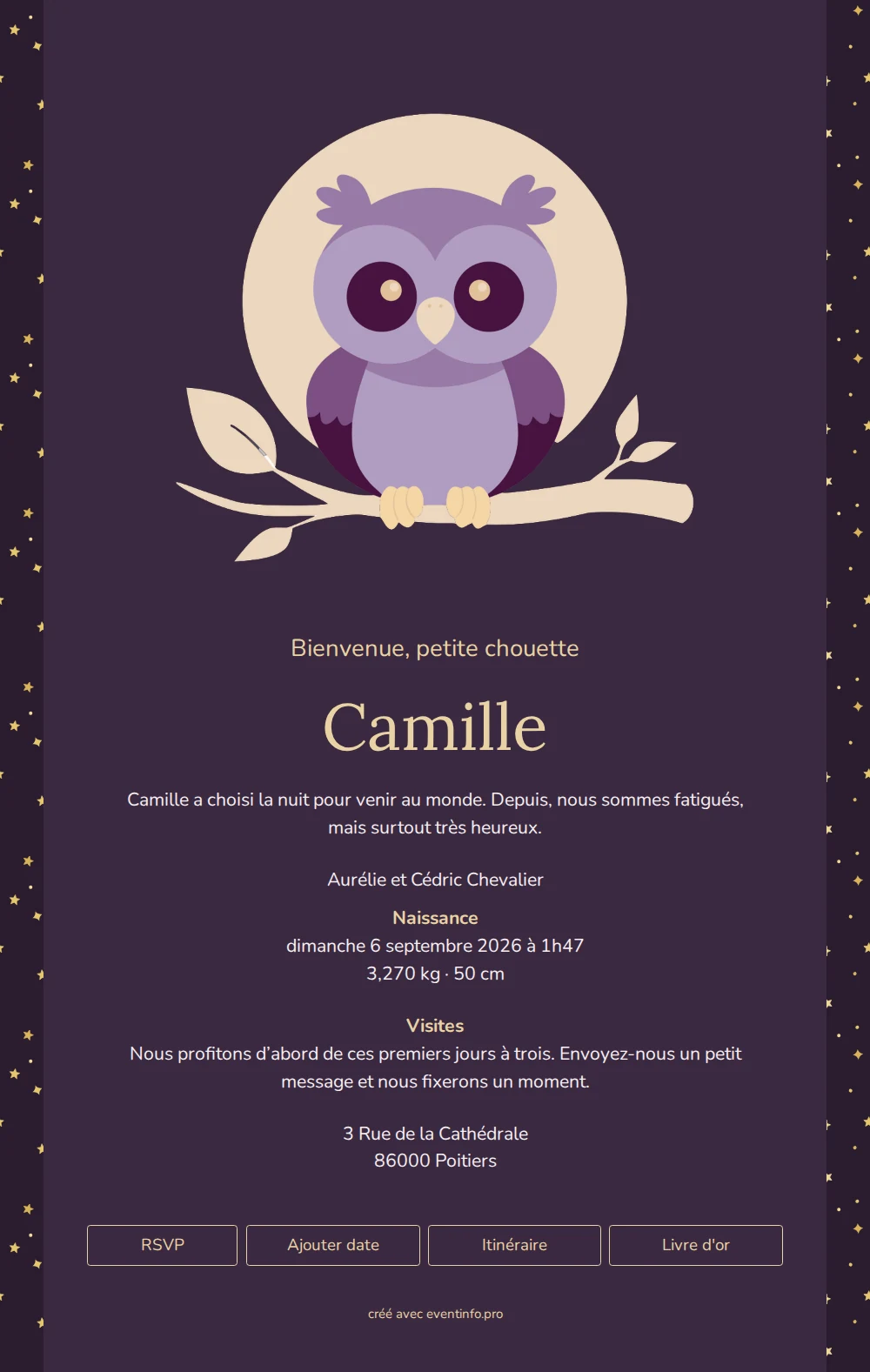 Élégant faire-part de naissance avec lune et branche &ndash; example 1