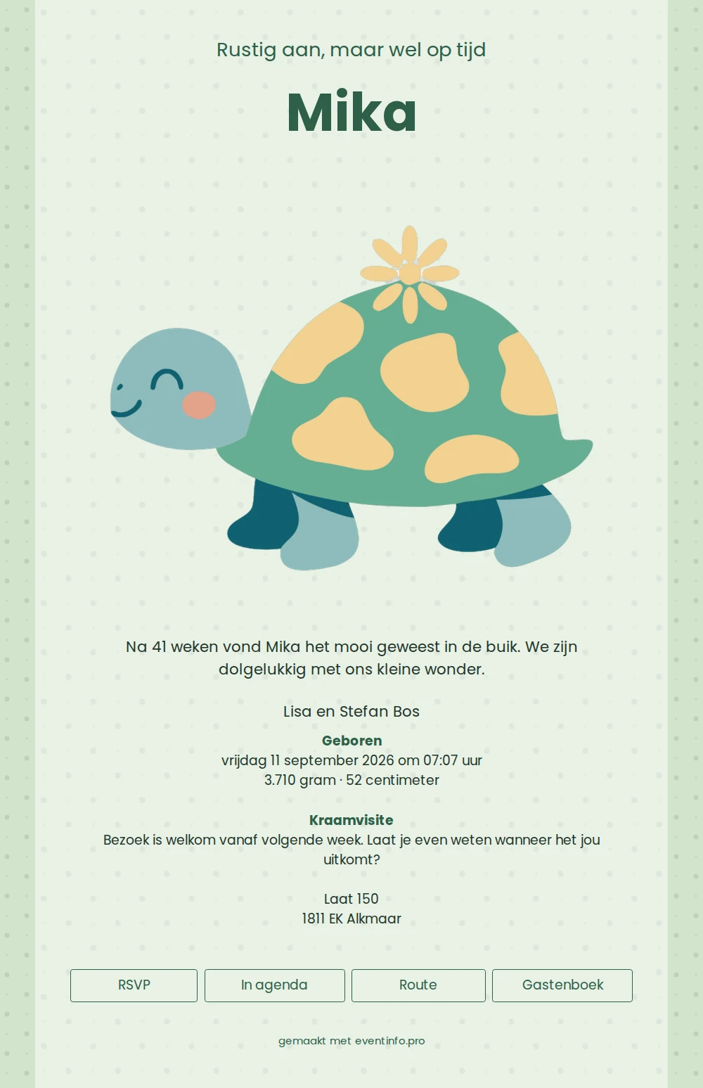 Speels geboortekaartje met schildpad voor Mika &ndash; example 1