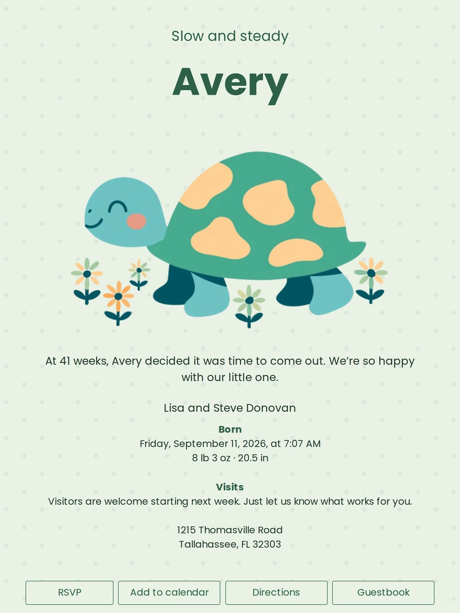 Playful birth announcement with a turtle