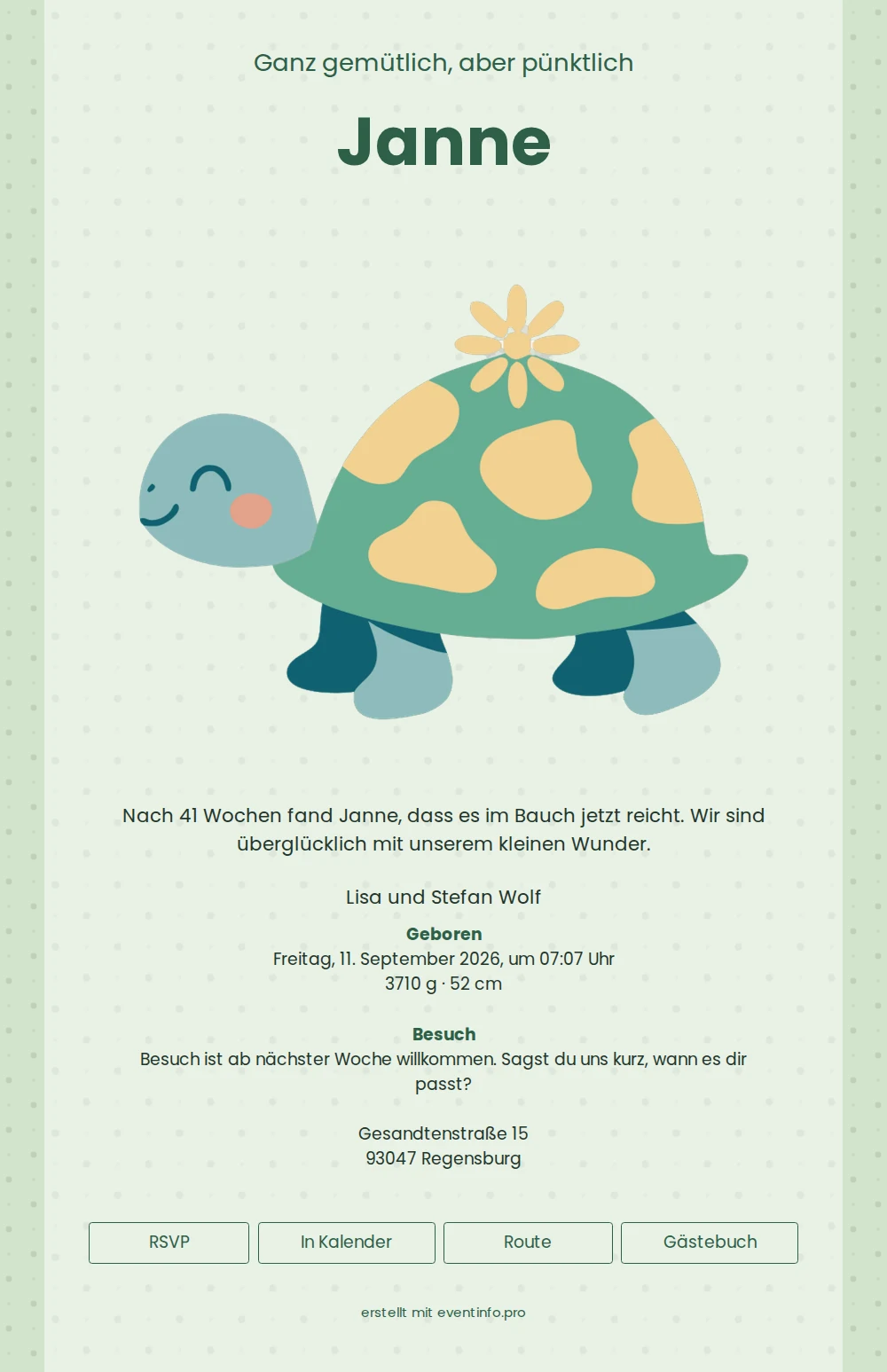 Verspielte Geburtskarte mit einer Schildkröte &ndash; example 1