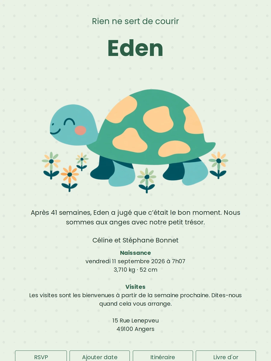 Faire-part de naissance ludique avec une tortue