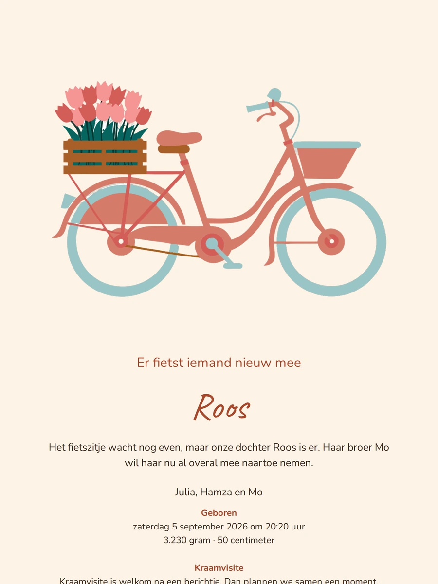 Roze geboortekaartje met een fiets vol tulpen