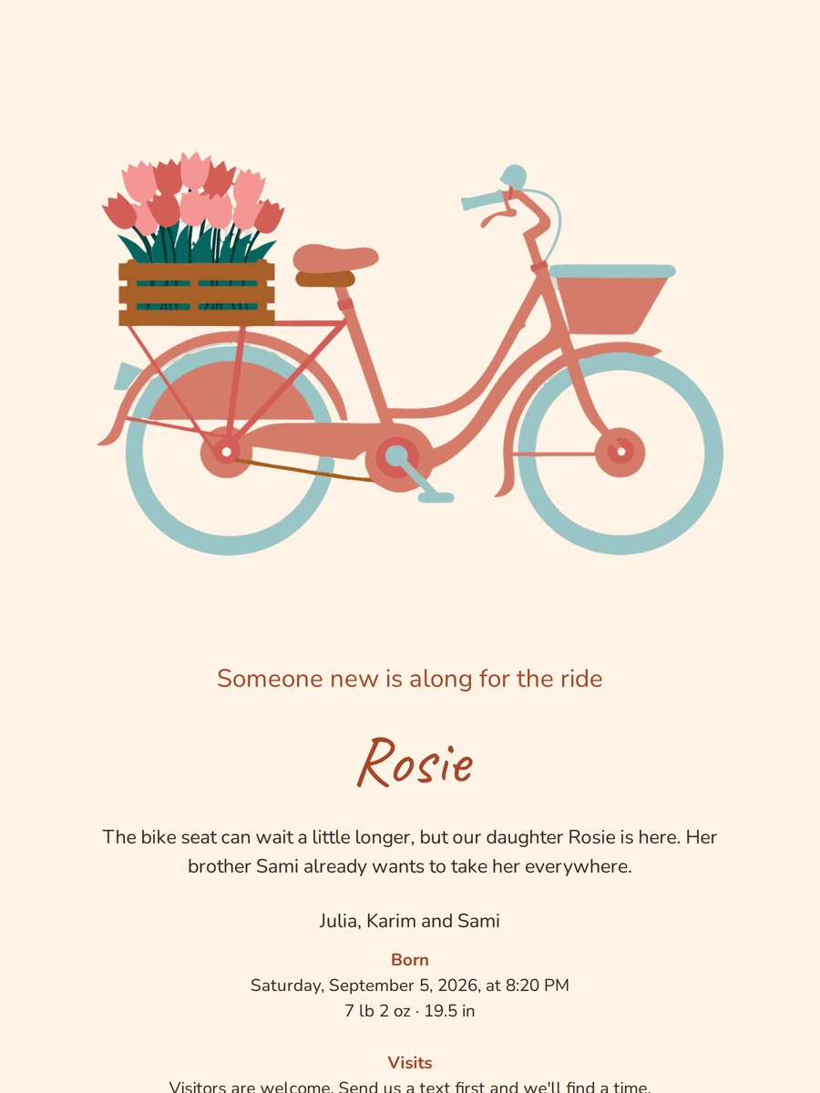 Playful birth announcement with a bicycle