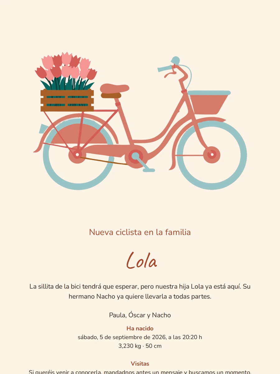 Tarjeta de nacimiento divertida con una bicicleta
