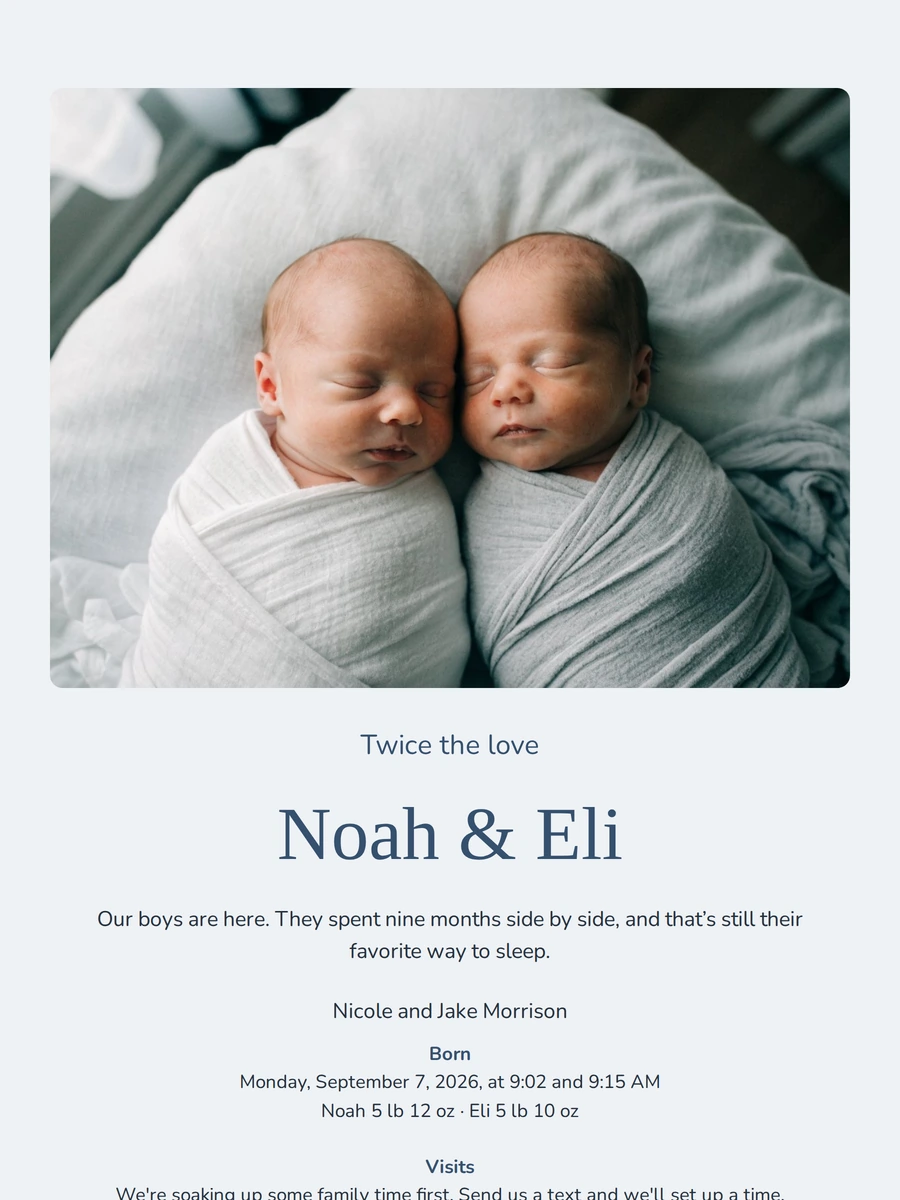 Calm birth announcement with a sleeping photo