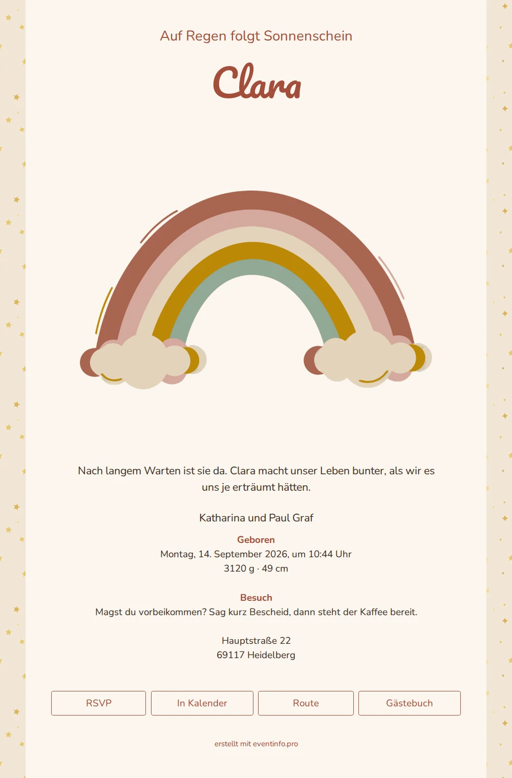 Warme Geburtsanzeige in Terracotta für Clara &ndash; example 1