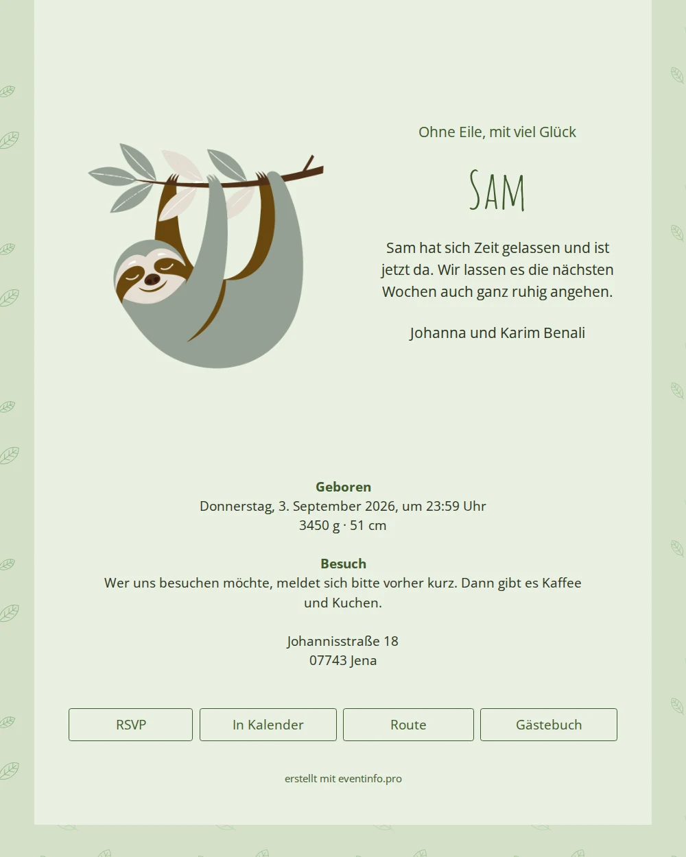 Zarte Geburtsanzeige in Salbeitönen für Sam &ndash; example 1
