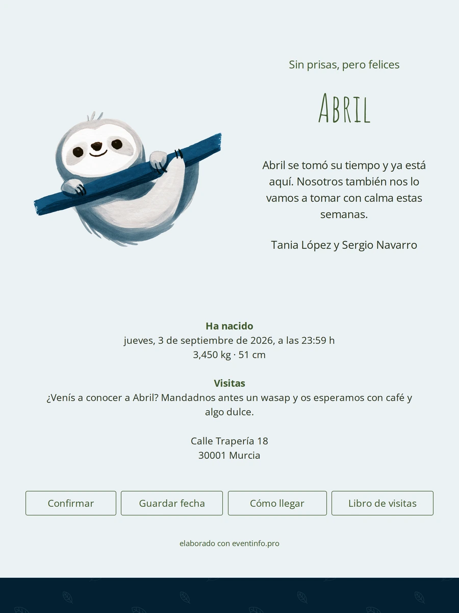 Tarjeta de nacimiento con perezoso y hojas