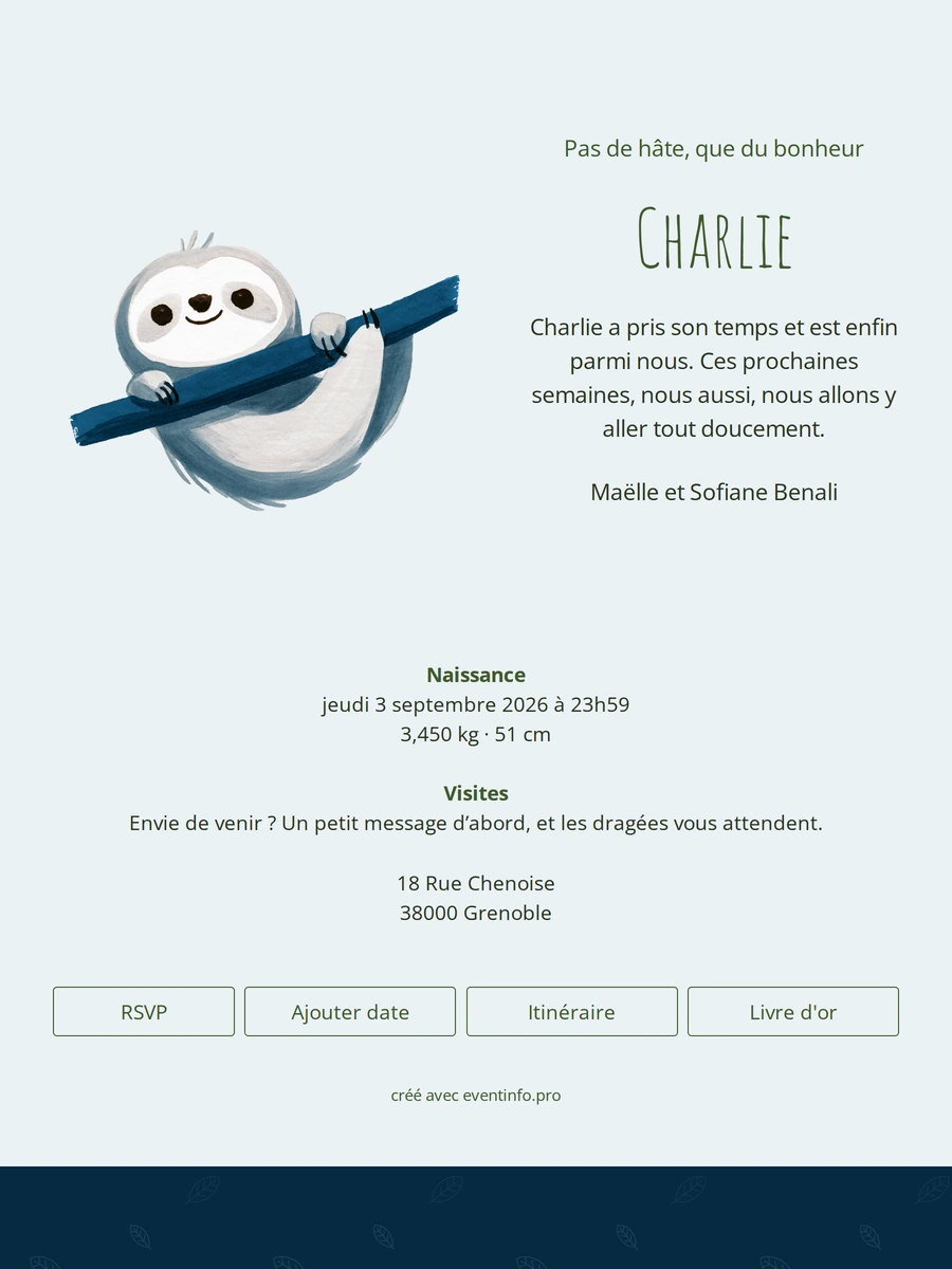 Faire-part de naissance avec paresseux et feuillage
