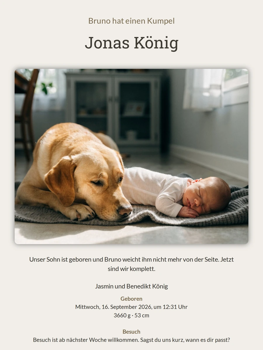 Ruhige beige Geburtsanzeige für Jonas König