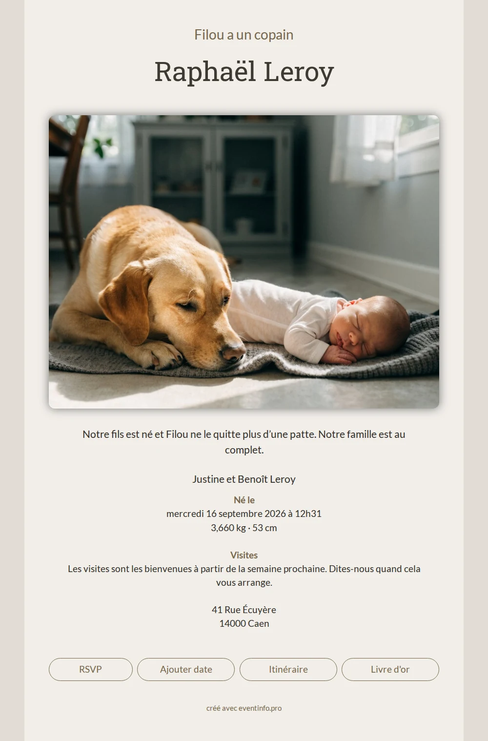 Sobre faire-part de naissance beige pour Raphaël &ndash; example 1