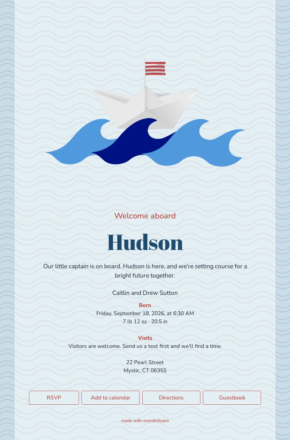 Cheerful maritime birth announcement for baby Hudson &ndash; example 1