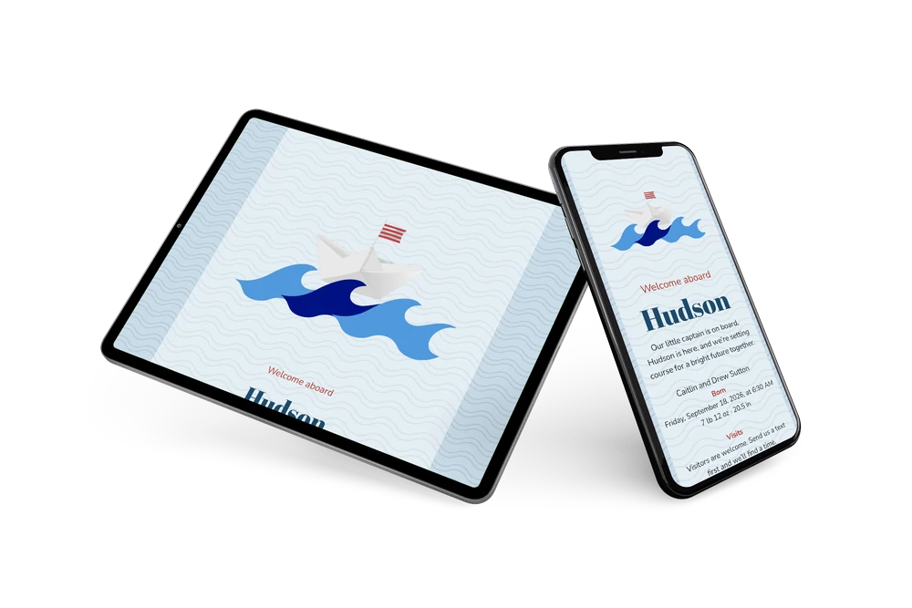 Cheerful maritime birth announcement for baby Hudson &ndash; example 2