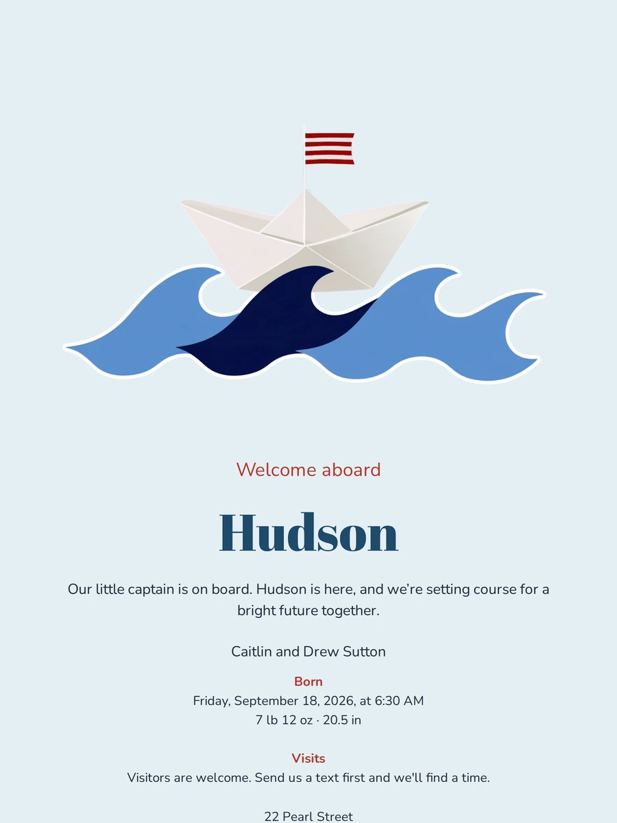 Cheerful maritime birth announcement for baby Hudson