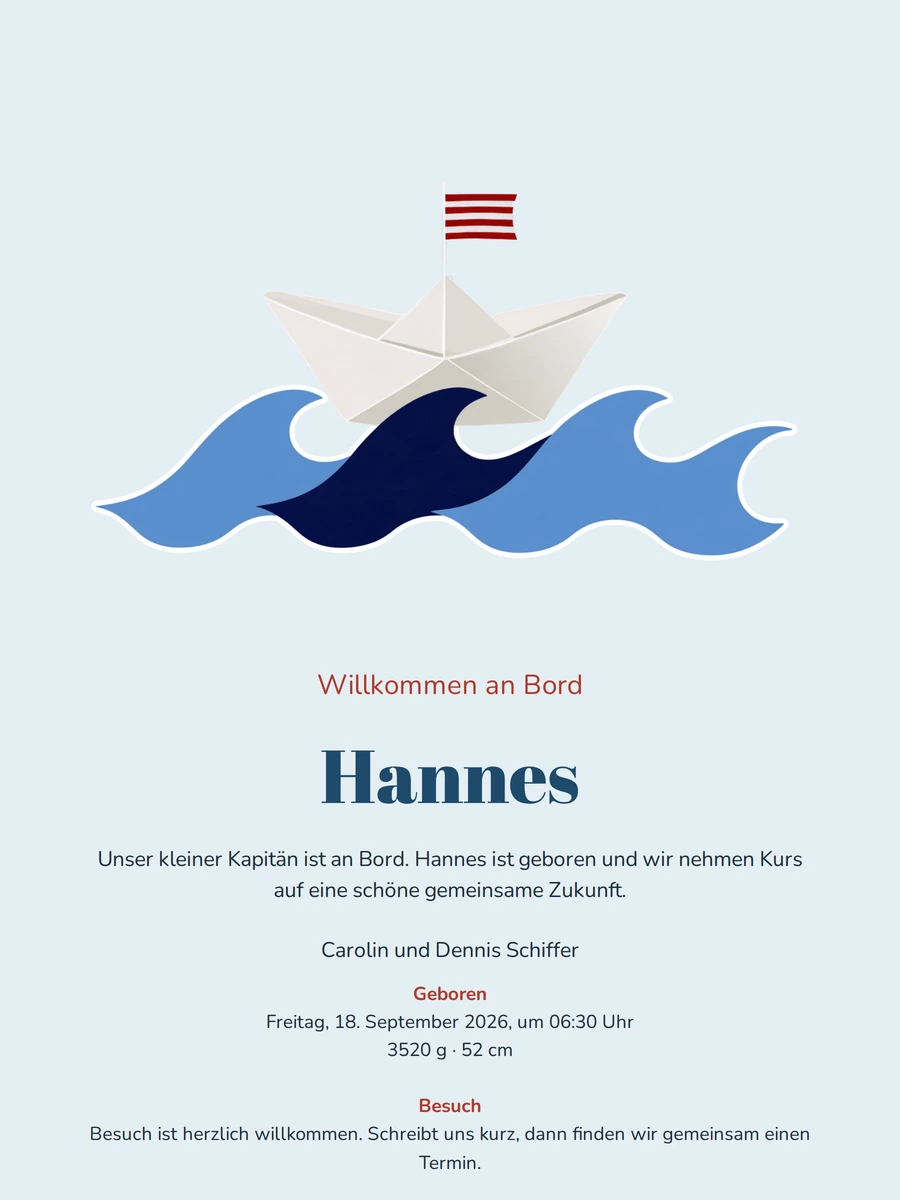 Fröhliche maritime Geburtsanzeige für kleinen Hannes