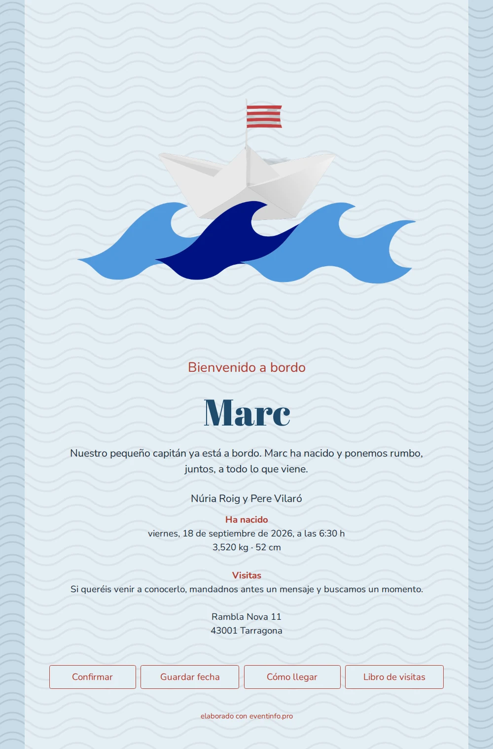Alegre tarjeta de nacimiento marinera para Marc &ndash; example 1