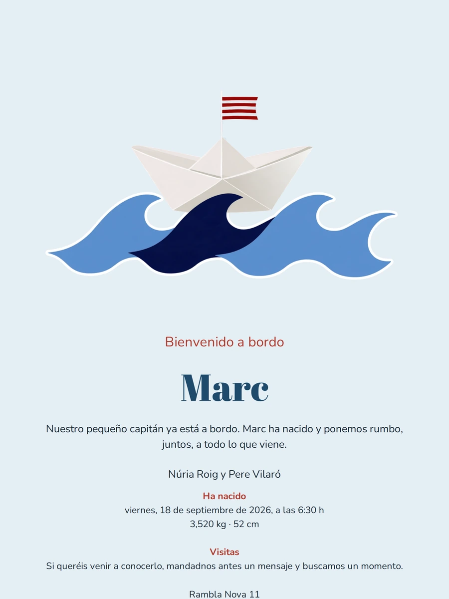 Alegre tarjeta de nacimiento marinera para Marc