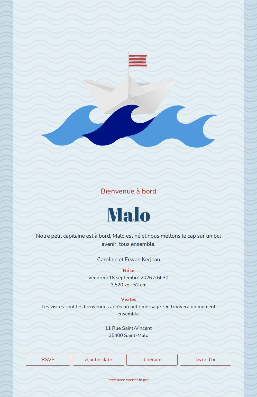 Joyeux faire-part de naissance marin pour Malo &ndash; example 1