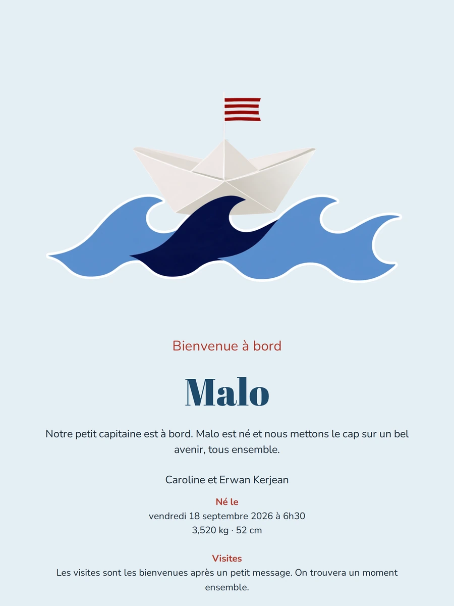 Joyeux faire-part de naissance marin pour Malo