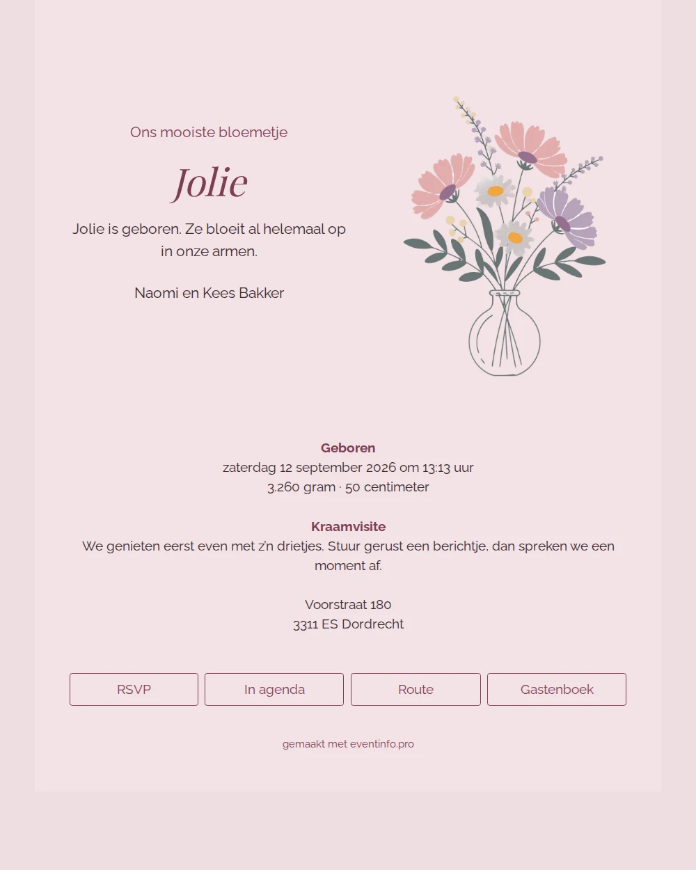 Elegant geboortekaartje met roze-paars boeket &ndash; example 1